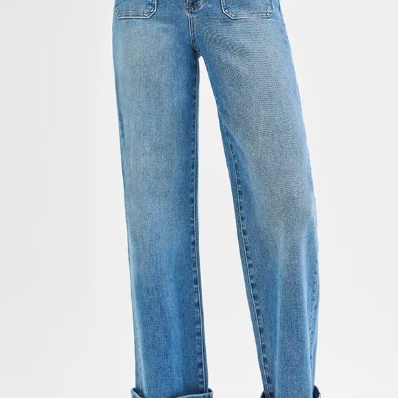 RISEN Full Size Elastic Band‎ Mid Rise Wide Front Patch Pocket Cuff Jeans Plus - Picture 2 of 7